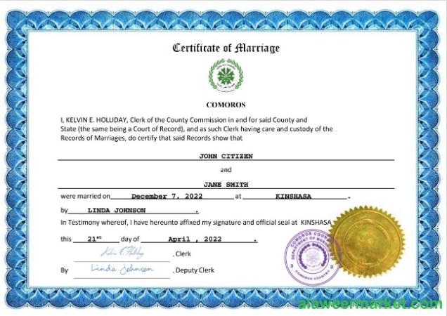 Comoros marriage certificate Word and PDF template